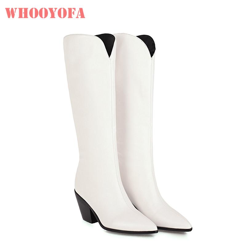 

2020 Brand New Comfortable White Black Women Mid Calf Boots Pointed Toe High Sqaure Heels Lady Shoes Small Big Size 10 43 45 48