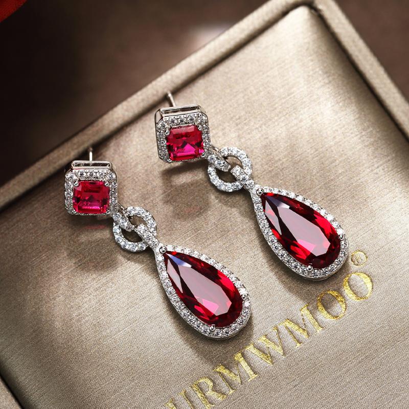 

100% 925 Sterling Silver Luxury Water Drop Ruby Earrings Fashion Matching Classic Retro Ladies Exquisite Jewelry