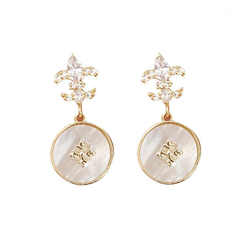 

korean Luxury Lily Flower Rhinestone Round Shell Dangle Earrings For Women Jewelry Baroque Court Temperament Brincos Party Gift1