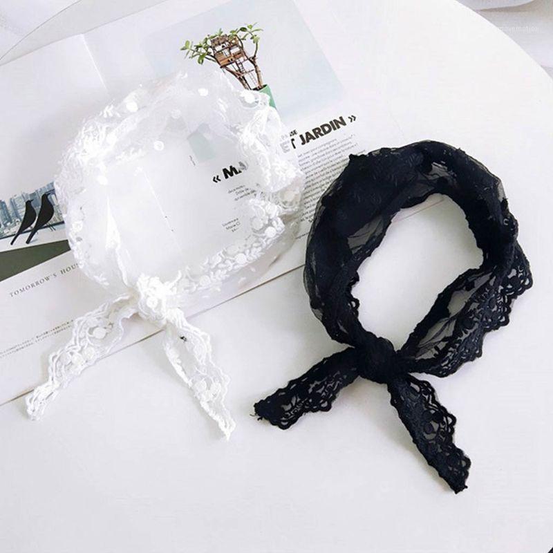

Womens Crochet Embroidered Floral Lace Triangle Neck Scarf Solid Color Polka Dot Bandana Kerchief Hair Tie Vintage Wrist Ribbon1