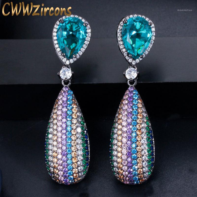 

CWWZircons Micro Pave Cubic Zirconia Stone Long Dangle Drop Rainbow Color Engagement Wedding Party Earrings for Women CZ5671