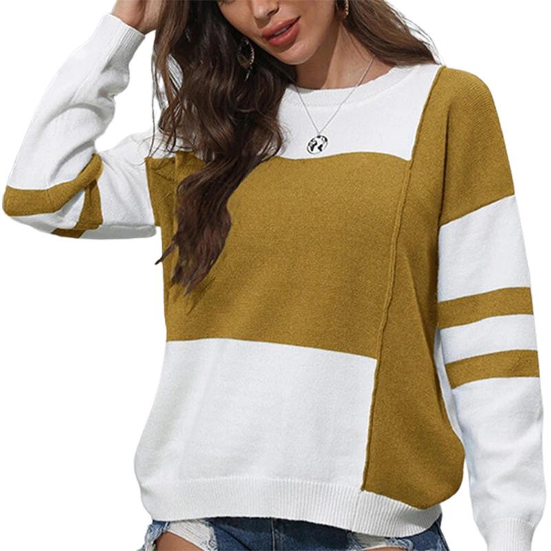 

Women Color-blocking Pullover Stitching Round Neck Long-sleeved Sweater Blouse, Brown