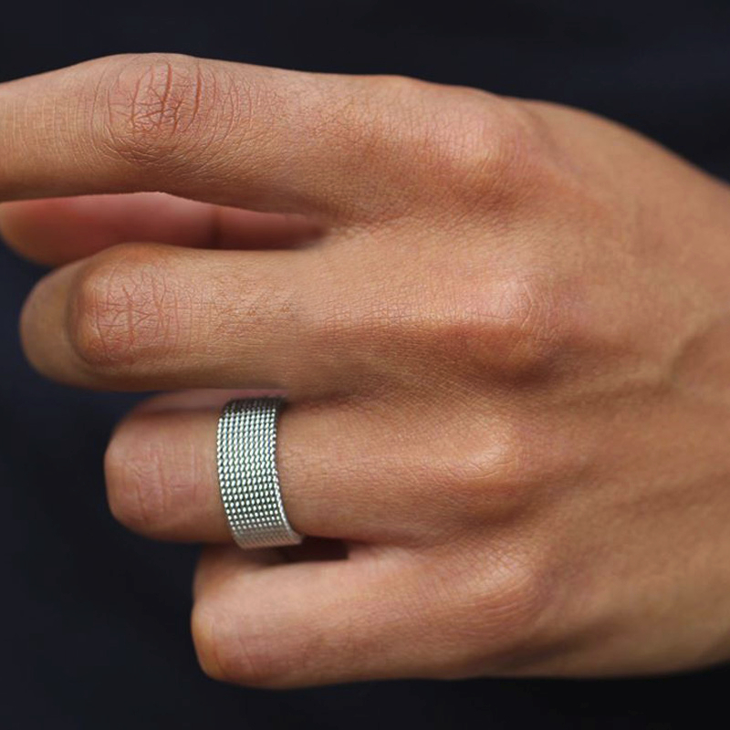 

FLEXIBLE STEEL RING MESH FLAT CHAIN BAND RING FOR MEN WOMEN JEWELRY, Silver