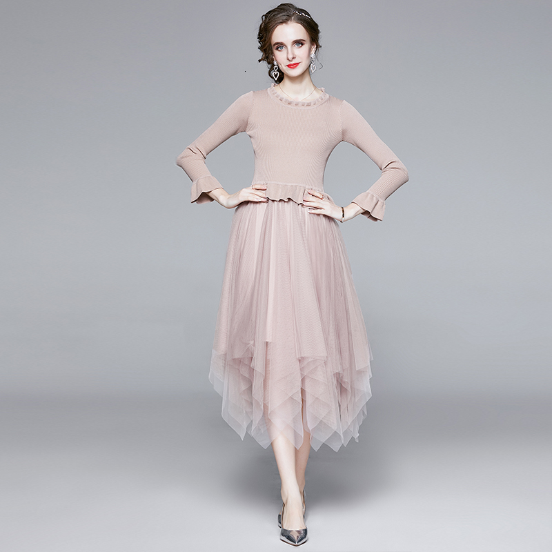 

2021 New Women Autumn Knit Mesh Patchwork Festa High Quality Wedding Party Robe Femme Flare Sleeve Runway Designer Vestidos Bki3, Apricot