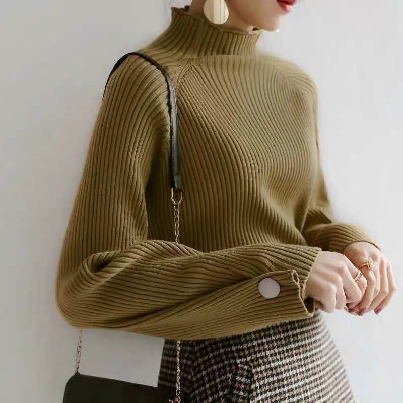 

2021 New Female Winter Turtleneck High Quality Retro Mesh Warm Woman Thicken Loose Jomper Sweater V7JQ, Red rose