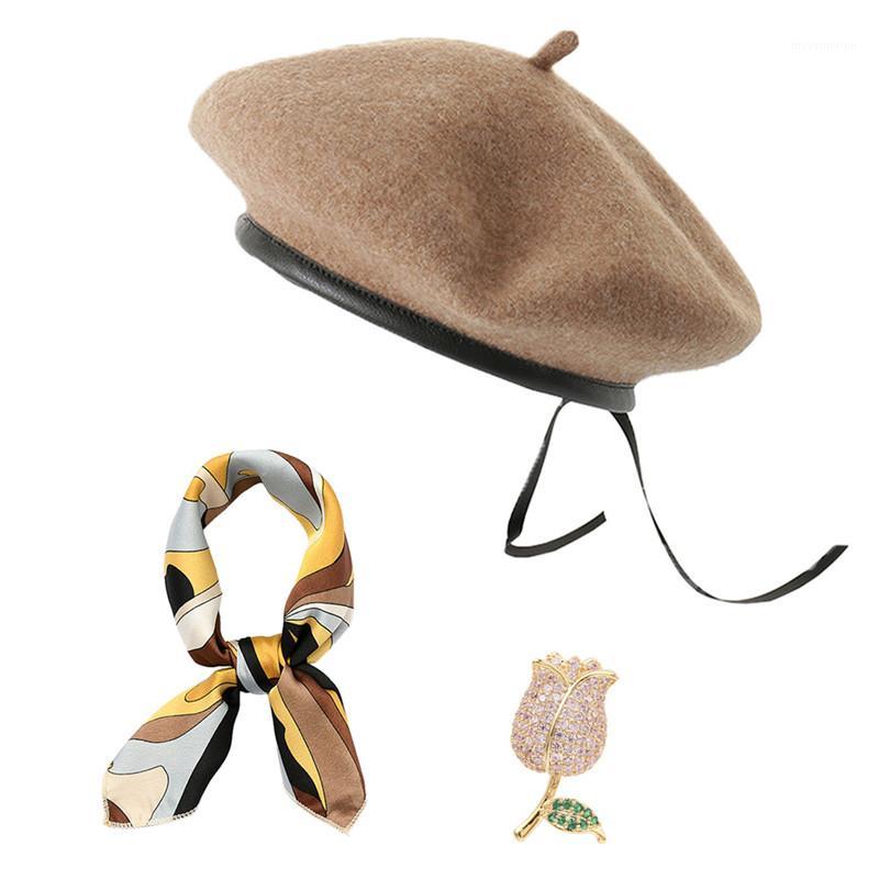 

DOUBCHOW Women's Wool PU Leather Trimmed Army French Berets Hat with Rose Brooch Scarf Set 2020 Maiden Baret Beanie Cap1, Yellow
