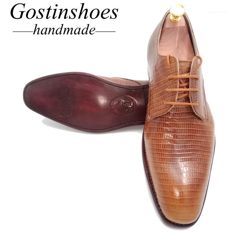 

SALE 44 Goodyear Welted Men Derby Shoes Dress Party Wedding Shoes Upper Cow Leather Formal Lizard Skin Printed Business1, Brown