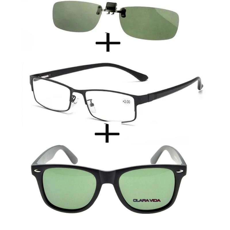

Sunglasses 3Pcs!!!rectangular Metal Black Business Reading Glasses For Men Women + Polarized Squared Light Clip