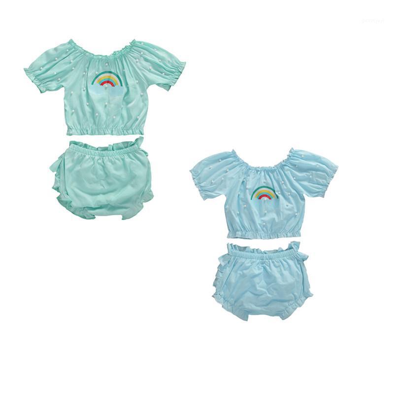 

2020 Brand Summer Cute Baby Girls Clothes Sets Rainbow Print Pearl Short Sleeve T Shirt Tops+Shorts 2pcs1
