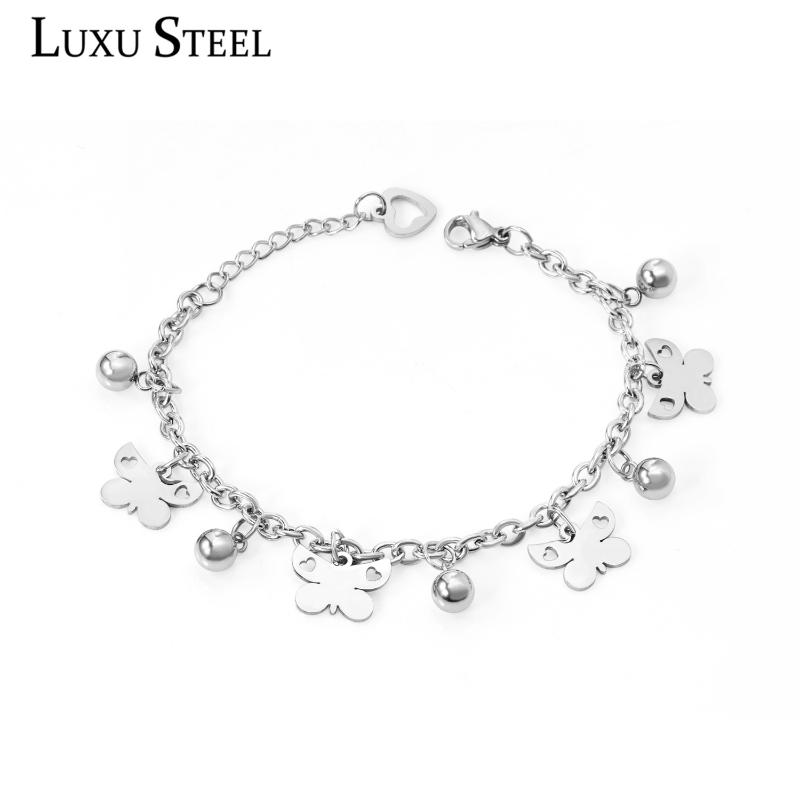 

LUXUSTEEL 2021 pulsera Butterfly Link Chains Bracelets Silver Color Round Beaded Pendants Stainless Steel Bracelets Bangles