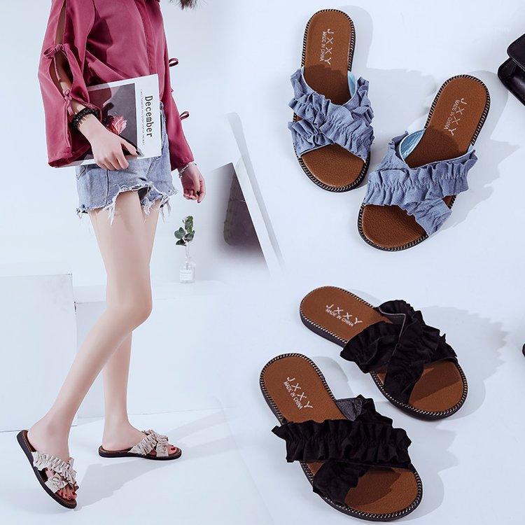 

Korean Womens Slippers Cute Ruffles Summer Beach Cross Slipper Female Flip Flops Flats Slides Women Shoes Zapatos JJ191, Cross blue
