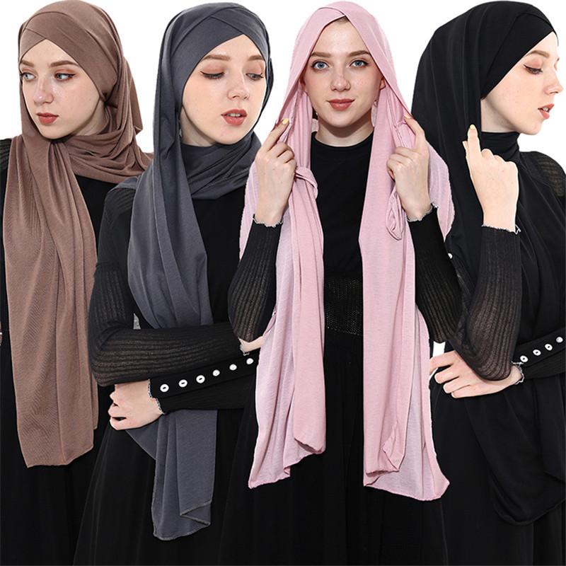 

2020 New Fashion Women Jersey Scarf Shawls and Wraps Plain Hijab femme musulman Islamic foulard Ready To Wear Muslim Headscarf