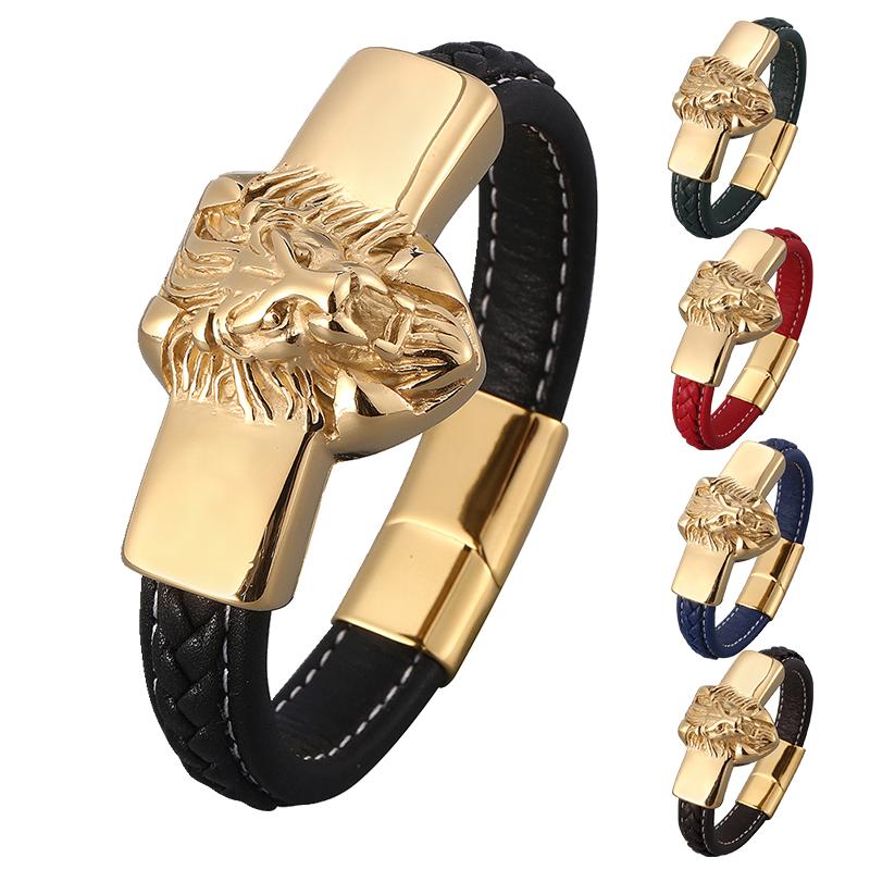 

New Mens Bracelets Gold Leo Lion Stainless Steel Magnetic Clasp Black Leather Bracelet Cuff Wristband Fashion Jewelry BB0820