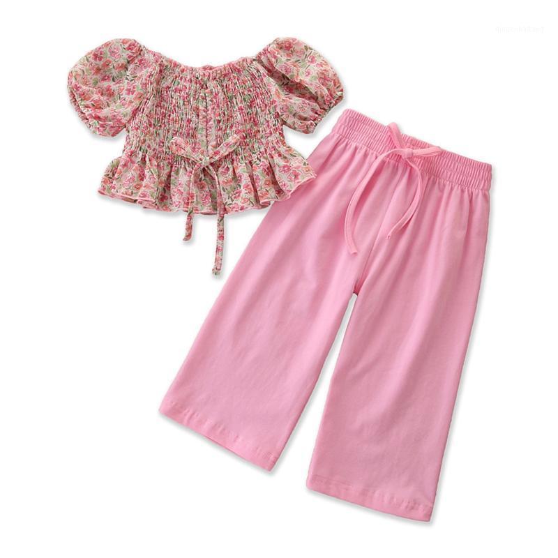 

1-6 Years Kids Baby Girls Sweet Lovely 2-piece Outfit Set Lantern Sleeve Floral Tops + Solid Color Wide leg pants Summer Suit1, Pink