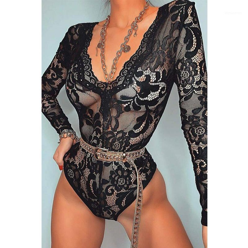 

Women Ladies Lace Floral Sexy Bodysuits See-through Long Sleeve Skinny Bodysuit Leotard Bodycon Clubwear Jumpsuit Body Tops Women, Black