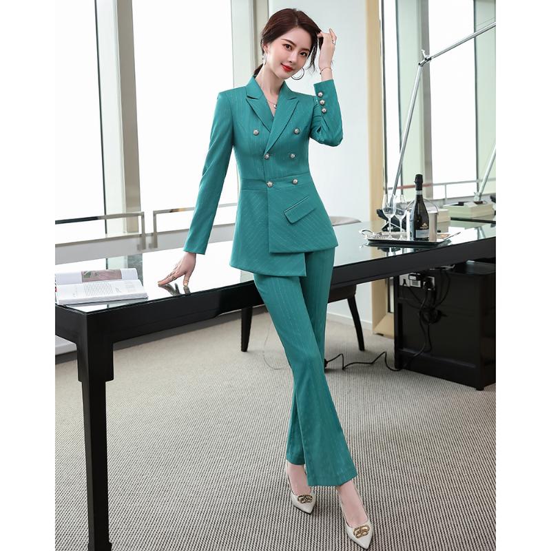 

New Elegant Autumn Pink Green Striped Pant Suits For Women 2 Piece Set Formal Blazer Trousers Office Lady Jacket Plus Size 4XL, Pink pants set