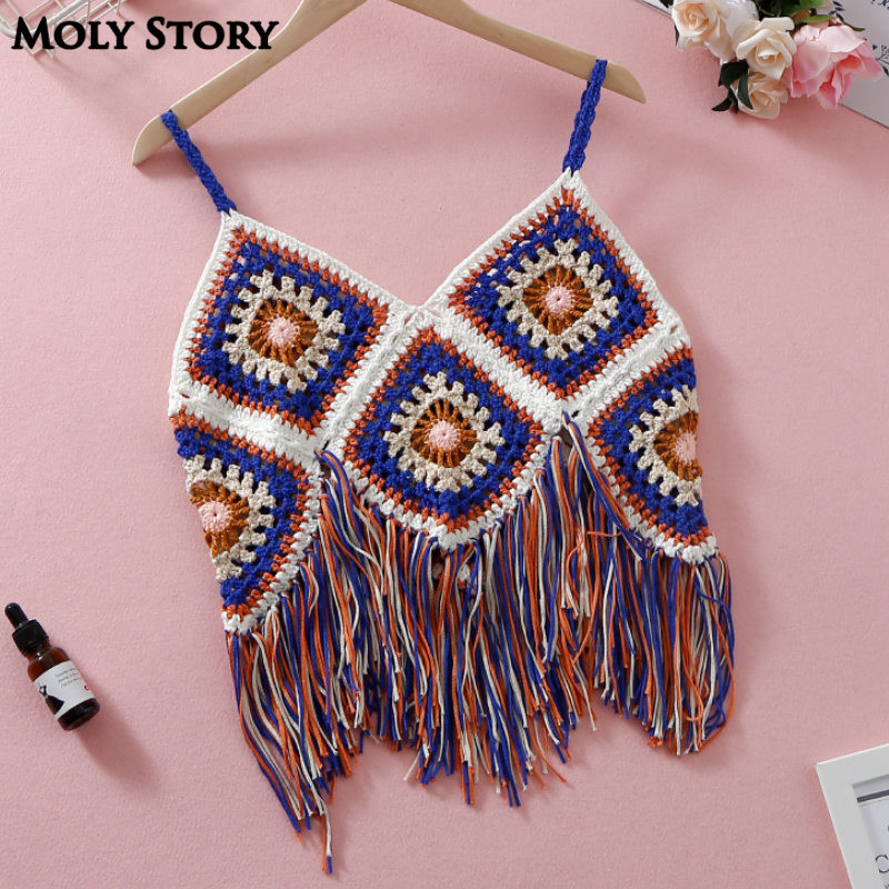 

Boho Crop Top Women Bralette Tassel Beach Tops Crochet Bandeau Strappy Bustier Halter Bohemia Cropped Top Y200701, Blue