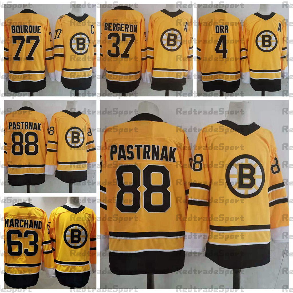 

2021 Reverse Retro Yellow Boston Bruins 88 David Pastrnak 63 Brad Marchand 37 Patrice Bergeron 4 Bobby Orr 77 Ray Bourque Hockey Jersey