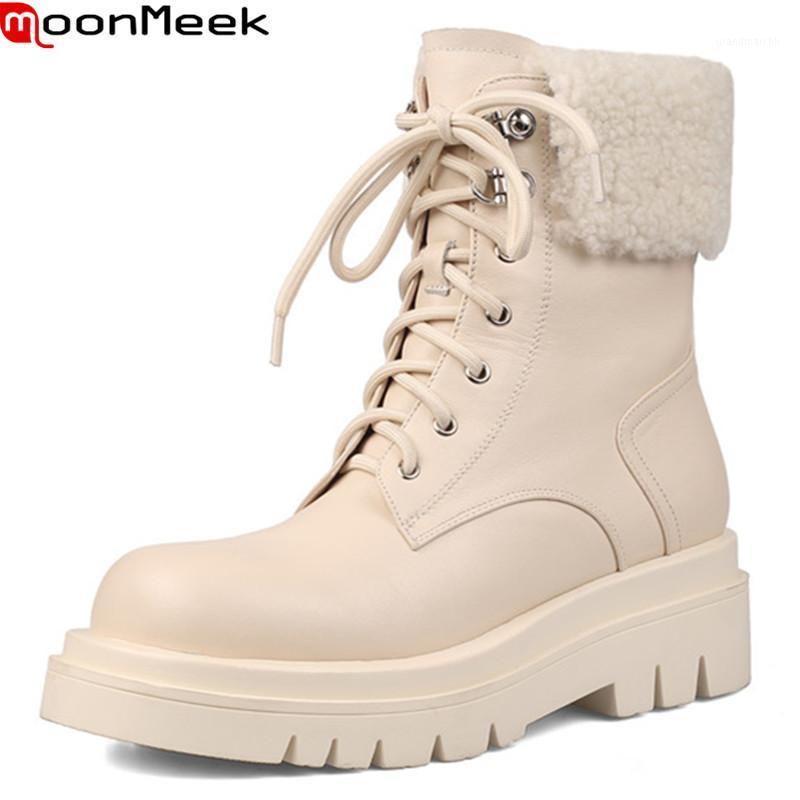 

MoonMeek 2021 New Arrival Winter Boots Genuine Leather Boots Fashion Lace Up Thick Heels Square Toe Platform Ankle Women1, Rice white