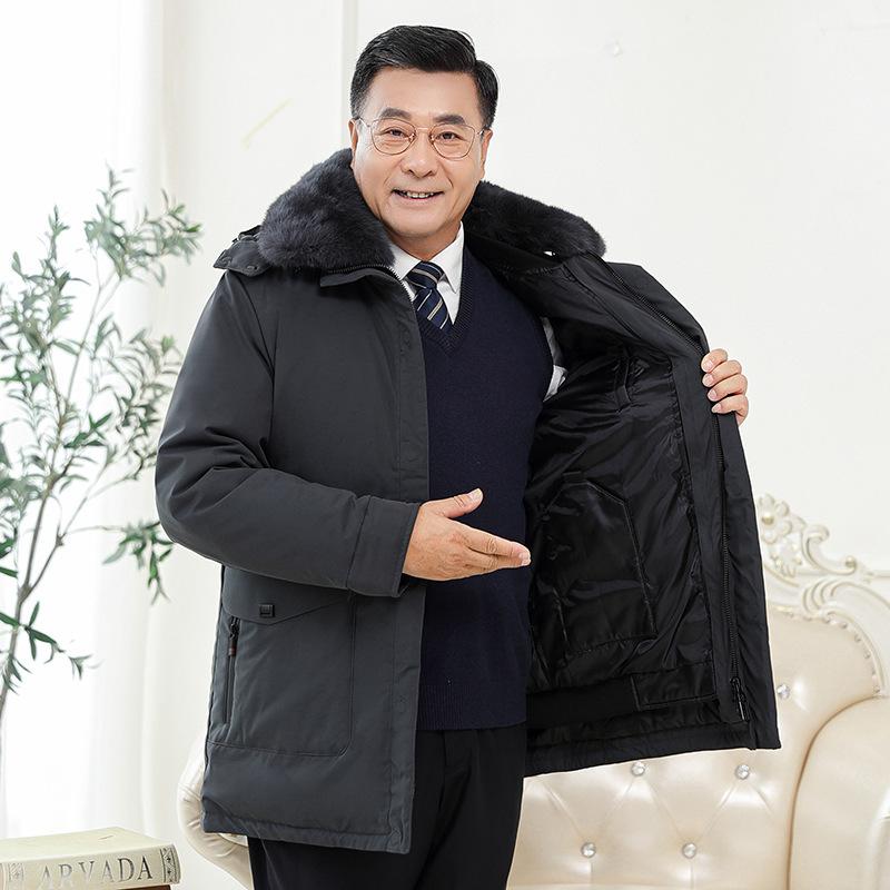 

jacket for men's wear middle aged and old people's thickened down jacket hair collar hooded white duck down coat, Black