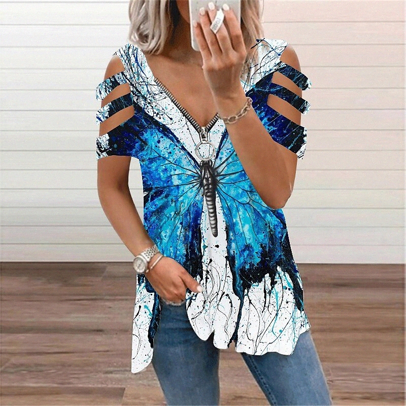 Women's Butterfly Blouse Eyelet top Shirt Butterfly Animal Cut Out Zipper Print V Neck Basic Streetwear Tops Gray Royal Blue Light Blue j8wc#