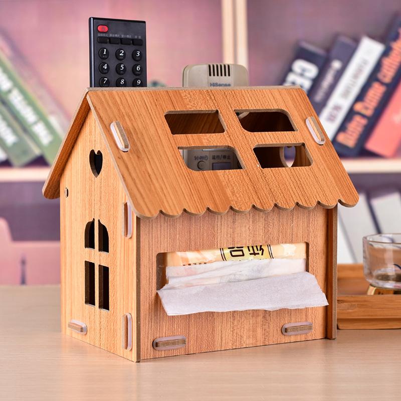 

Hot Style Wooden House Style Tissue Box Multi-Functional Living Room Paper Remote Storage Box Desktop Decoration