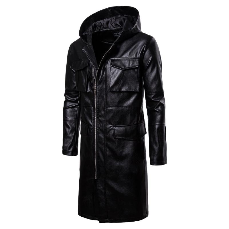 

Men grow a hooded windproof leather coat The fashion leisure men long leather jacket, Black