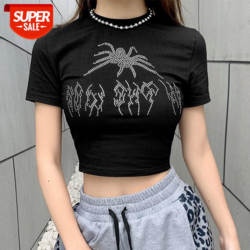

ArtSu Punk Vintage Rhinestone Spider Graphic Black T-Shirts Mall Goth Y2K O-Neck Short Sleeve Crop Tops E-Girl Tees TS52649 #r70f, White