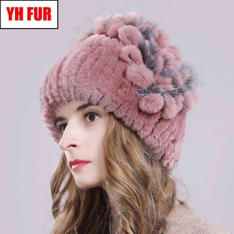

Russia Women Real Rex Fur Hats Outdoor Elastic Knitted 100% Genuine Rex Fur Cap Winter Warm Real Beanies Hat, Color 18