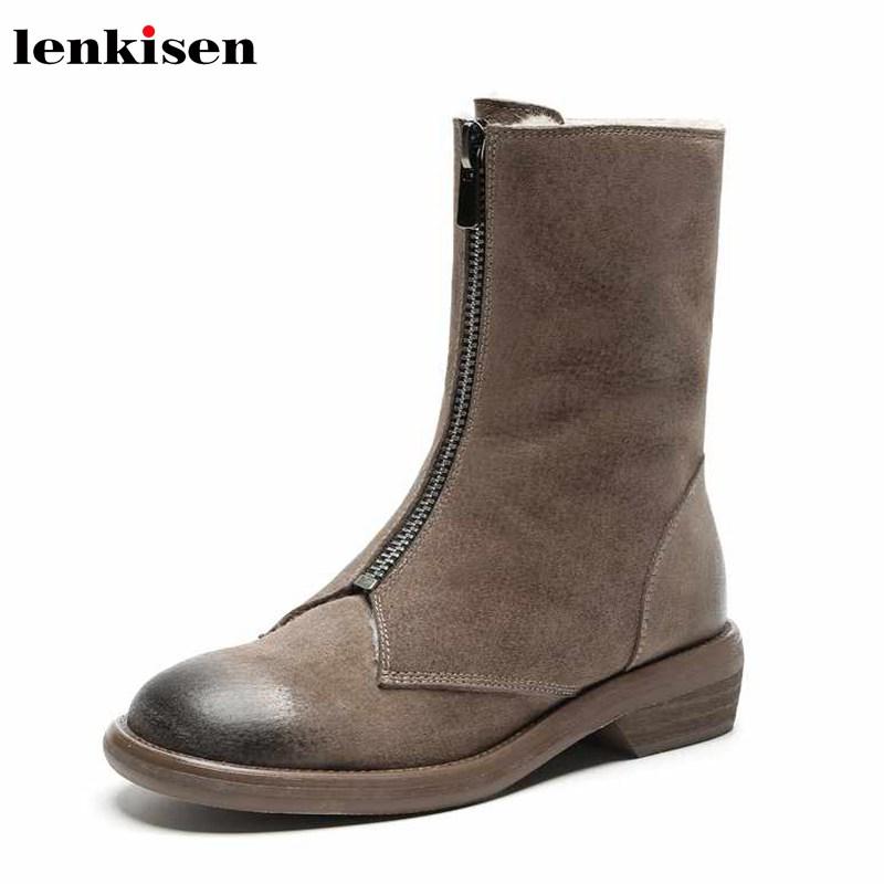 

Lenkisen vintage genuine leather snow boots rock Zipper daily wear low heels round toe winter keep warm women mid-calf boots L38, Black