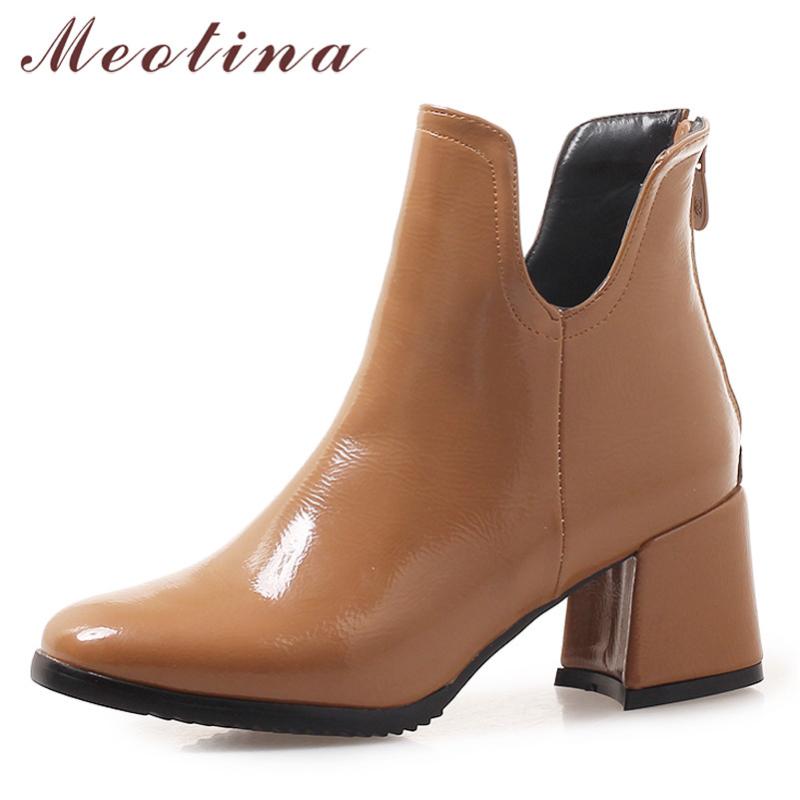 

Meotina Ankle Boots Women Shoes High Heel Short Boots Square Toe Block Heels Zipper Ladies Winter Gray Black Large Size 46