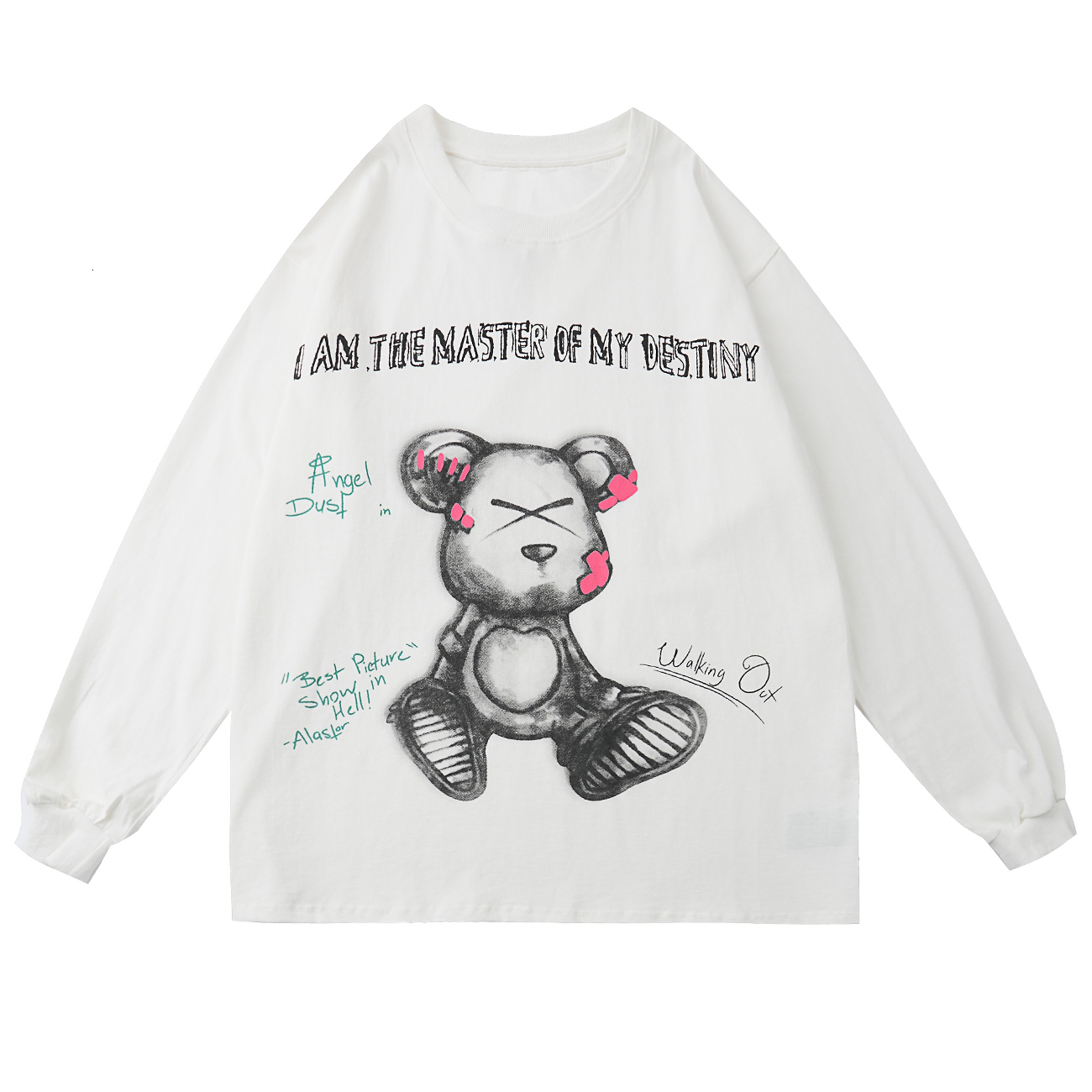 

2021 New Streetwear Bear Print Long Sleeve Cotton Oversized Tshirts Hip Hop Harajuku t Shirt Casual Autumn Tops Tees S9q5, White