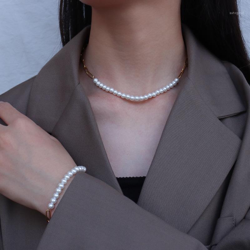 

Chokers Freshwater Pearl Semi-Spliced Chain Necklace Female Party Jewelry Stainless Steel Unfading Golden Choker For Women1