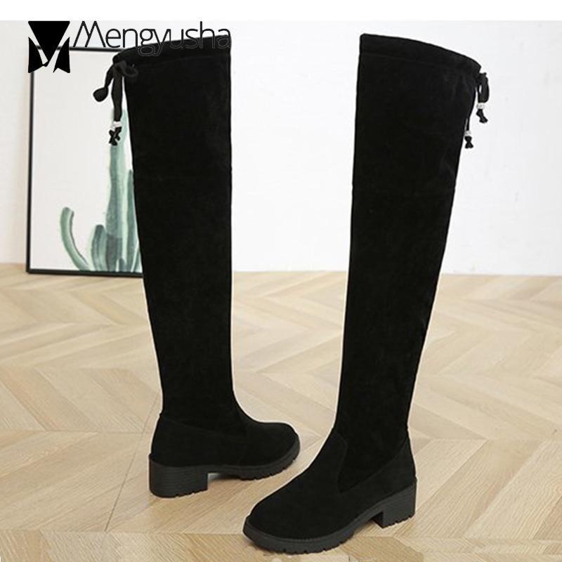 

Over-the-knee botas student winter flock fashion botines bea thick med high heels women shoes 2020 korean girls long tube boots1, Black