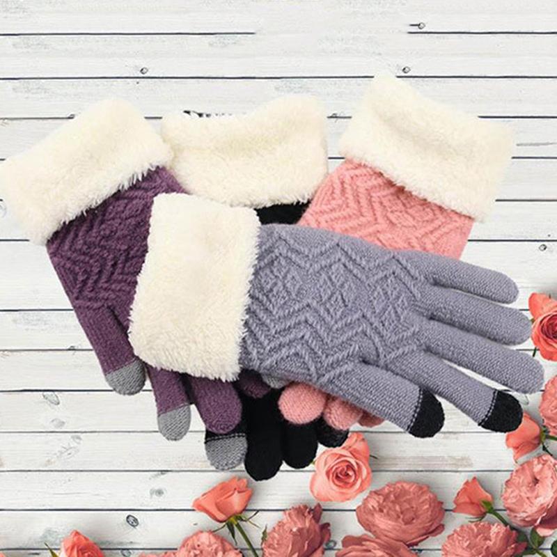 

Thick Acrylic Two Layer Winter Gloves For Women Knitted Pattern Full Finger Skiing & Touch Screen Glove