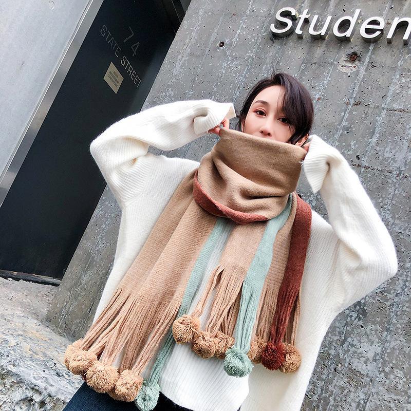 

Scarf Women Luxury New Color-Blocking Striped Cashmere Wool Scarf Pure Color Knitted Ball Autumn Winter Warm Shawl Students1