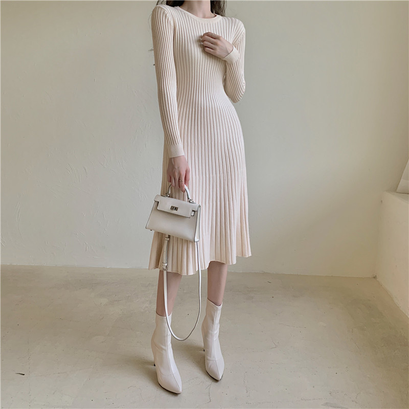 

2021 New Elegant O-neck A-line Ladies Sweater Knitted Casual Slim Waist Solid Women Autumn Winter Qh4f, Apricot