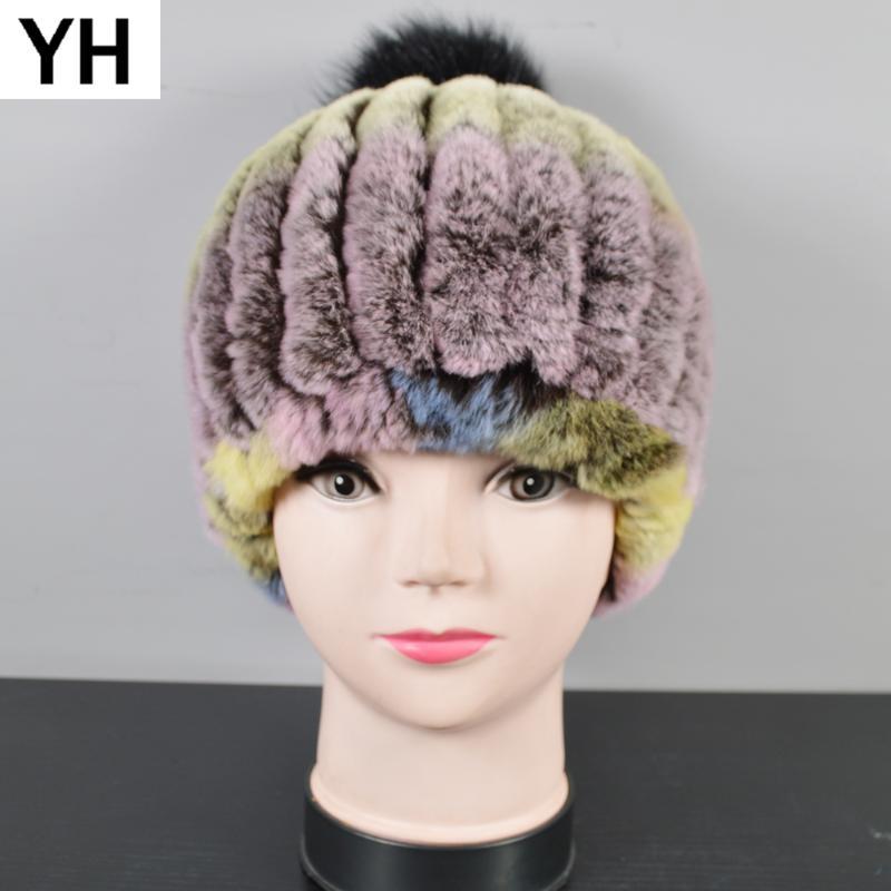 

New Children Knitted Fur Pompom Hats Child Unisex Beanies Elastic Rex Fur Caps Genuine Rex Hat Skullies