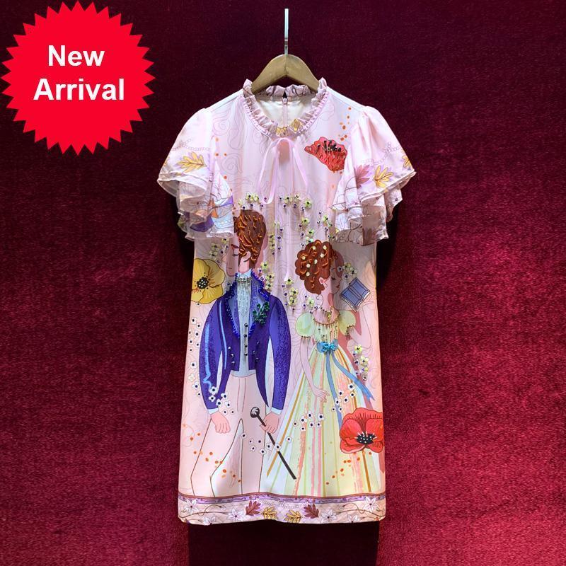 

Runway 2021 New Designer Kwaii Petal Print Animated Drawings Fearled Sleeve High Quality Loose Luxury Dress Autumn Clothes 7TVI, Blue