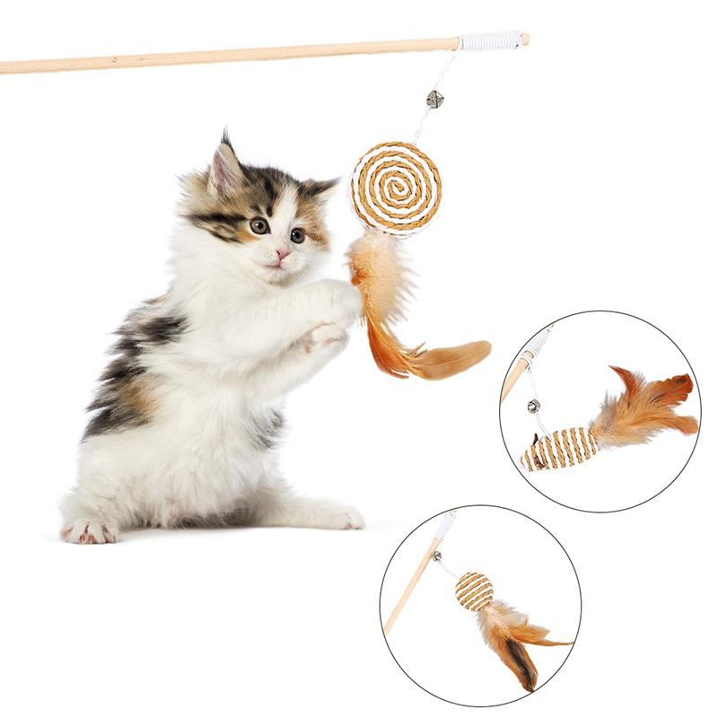 

Cat Pet Toy Teaser Multi Color Bird Feather Plush Cat Wand Catcher Teaser Stick Interactive Toys with bells