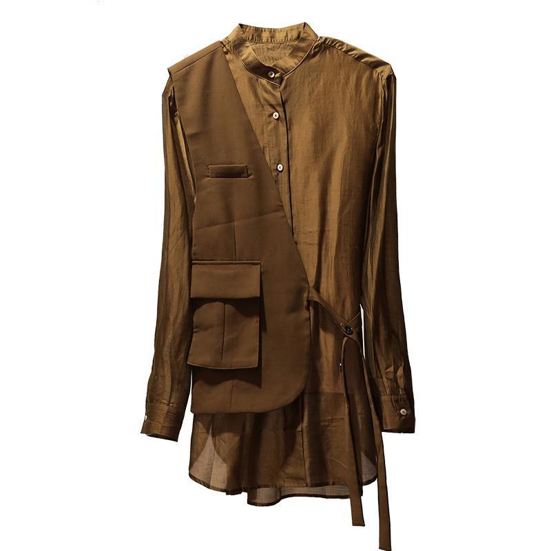 

2021 Autumn New Women Shirt Long Sleeve Casual Woman Blouses Shirts Vintage Loose Casua Long Women Tops Bloues Clothes, Brown