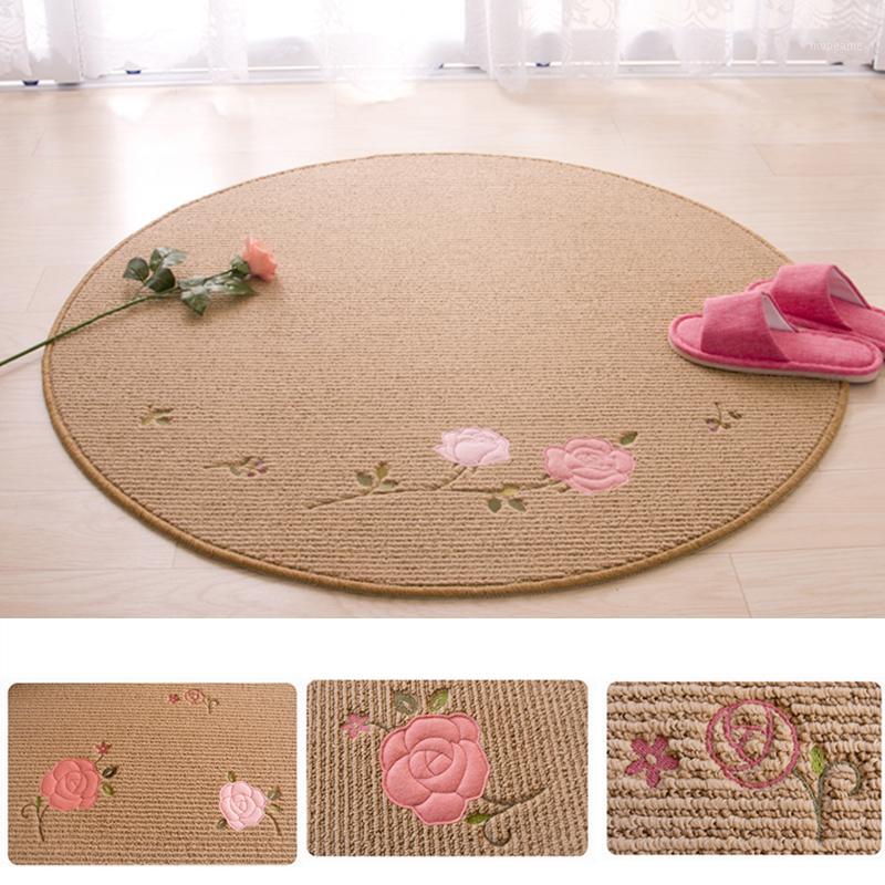 

Anti-Slip Flower Linen Round Carpets Computer Chair Door Mat Bath Floor Rug Living Room Foot Pads Carpet Mat Kids Play Rug1