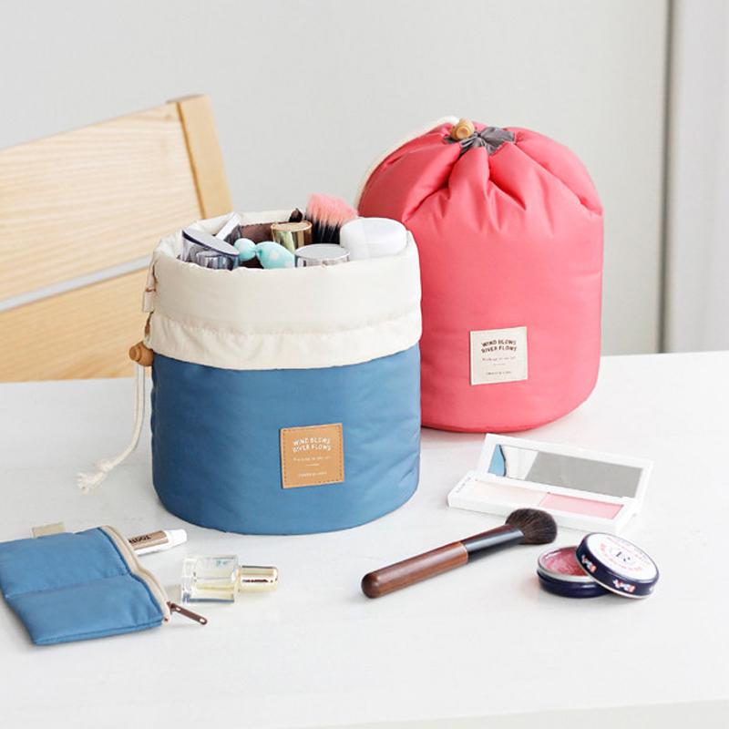 

New Arrival Barrel Shaped Travel Cosmetic Bag Nylon High Capacity Drawstring Elegant Drum Wash Bags Makeup Organizer Storage Bag, Blue