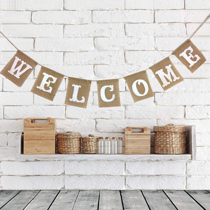 

Wedding Home Decor Linen Flag WELCOME Ceiling Banner Jute Burlap Flags 1pcs Birthday Party Event Baby Shower Supplies