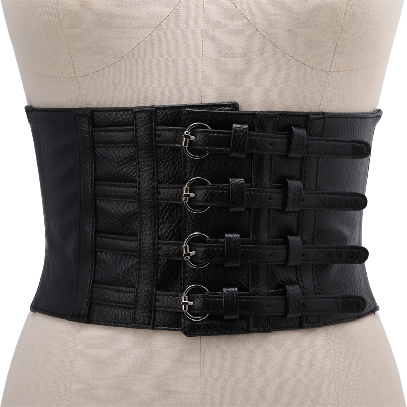 

Retro Lady Waist Shape Corset Wide Elastic Faux Leather Belt Stretch Waistband R9JE Y0909, Black