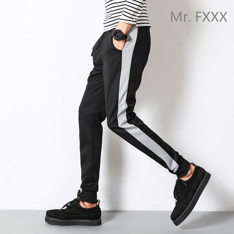 

Wholesale-autumn Japanese streetwear sweatpant pencil pants side stripe contrast color plus size elastic waist casual pant for men1, Black