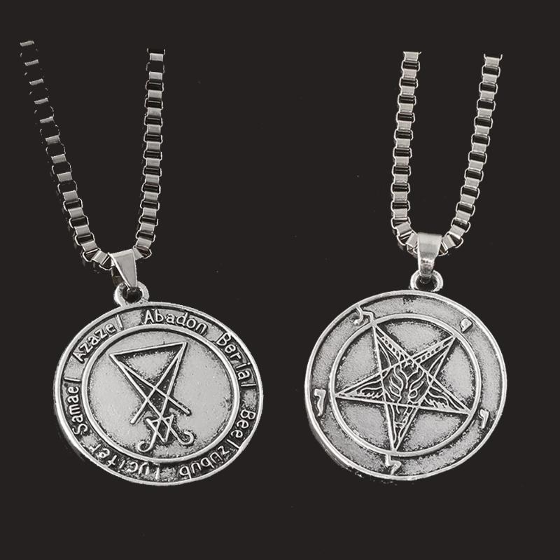 

MIDY Lucifer Sigil Want Need Satan Occult Morning Star Necklace Pendant For Men Women Ancient Metal Double-sided Pagan Jewelry