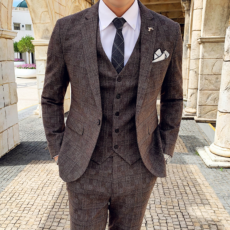 

2020 Arrival New Men Three Pieces of Korean Lean Check Wedding High Quality Suit 95g0, Blue