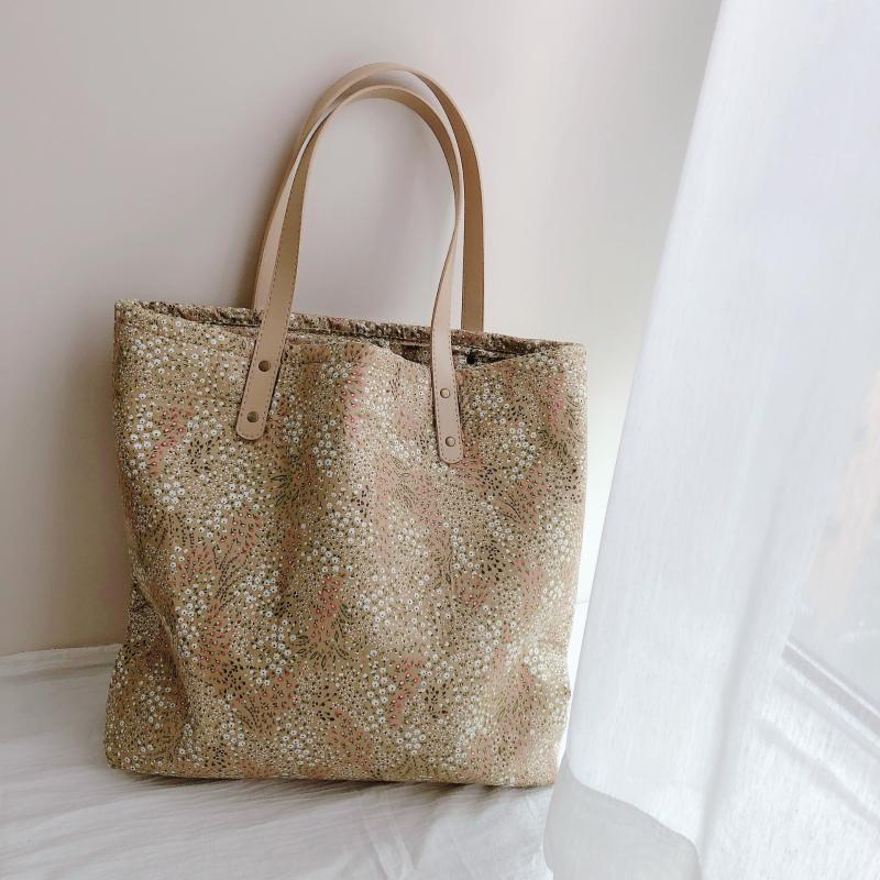 

Literary Gentle Style Fine Floral Cotton Bag Single Shoulder Bag Female Tote Large Capacity Thickening, Turmeric fine floral