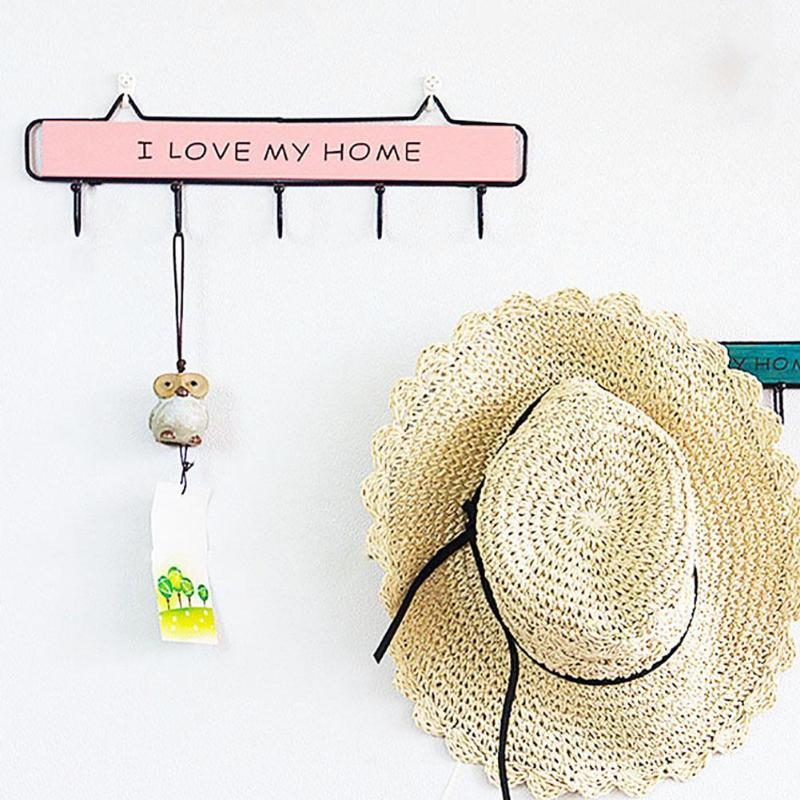 

4/5 Hooks Rustic Wooden Metal Wall Hook I Love My Home Decorative Cloth Hat Rack Hanger Wall Hanger Space-saving towel hat cloth1